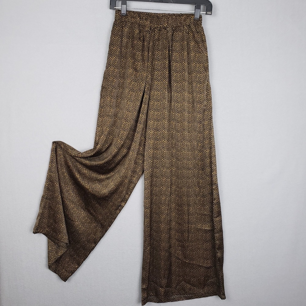 By Together Size S Wide Leg Pull On Pants Black‎ Gold Zig Zag Dot Office Casual